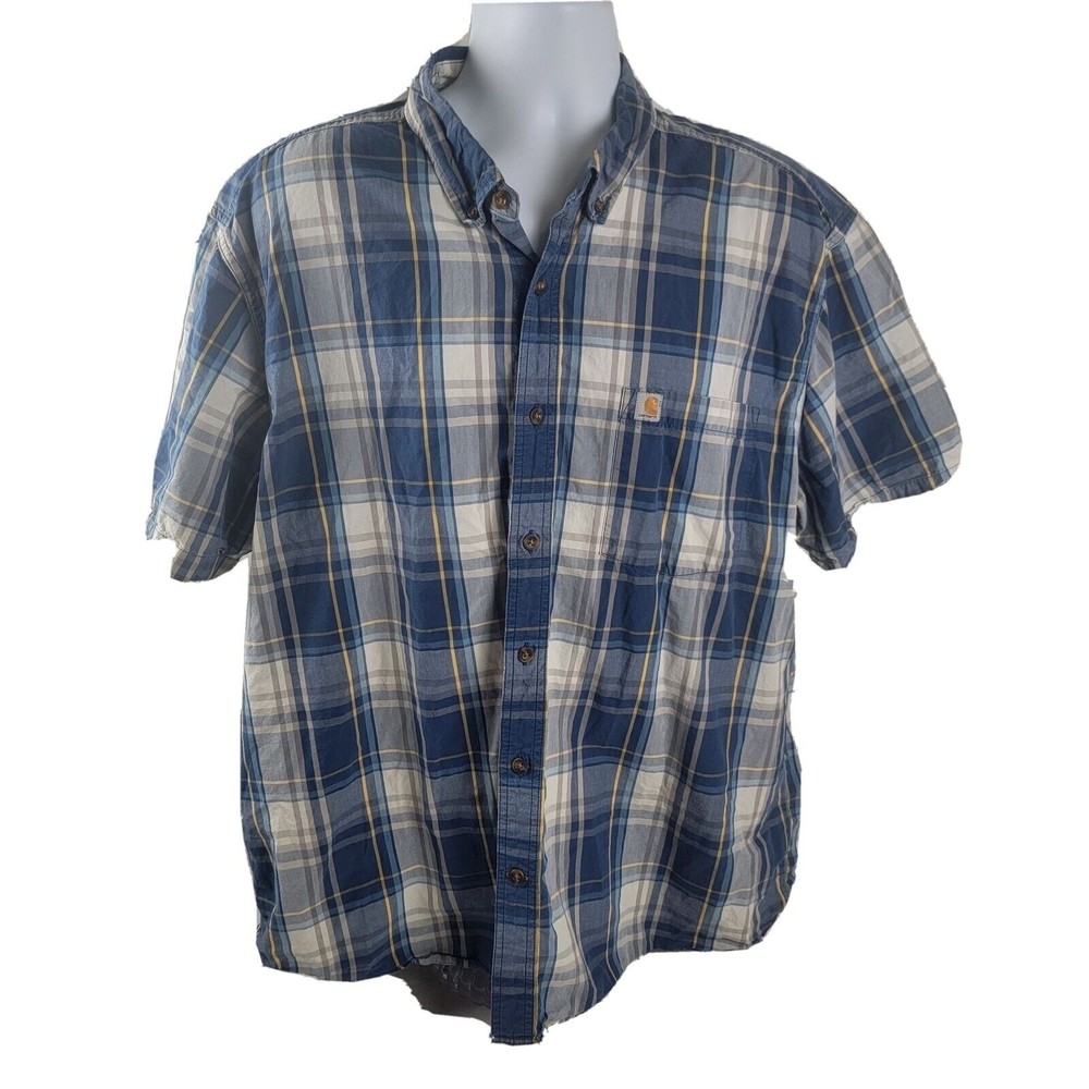 Carhartt Button Up Shirt Blue Plaid Casual Short Sleeve Men's Size 2XL